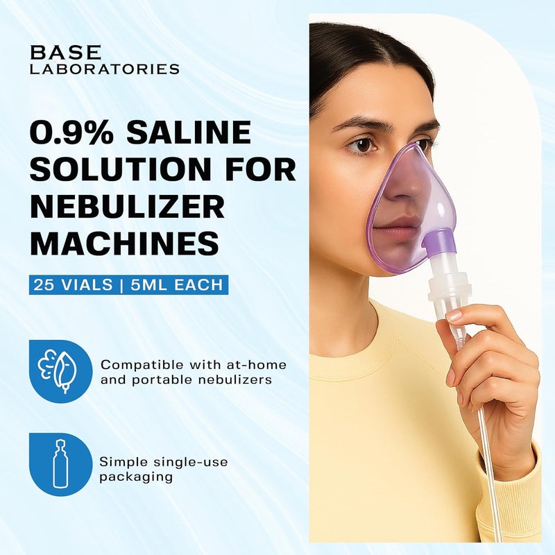 BASE LABORATORIES 0.9% Saline Solution for Nebulizer Machine | Saline Solution for Inhalation & Nasal Irrigation | 0.9% Concentration l (25 x 2) 50 Vials 5ml Unit Dose - Image 2
